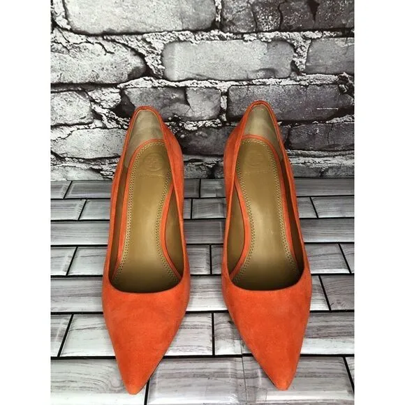 Tory Burch Elana Orange Suede Leather Pointed Toe Dress Heels Women Sz 9M US/40