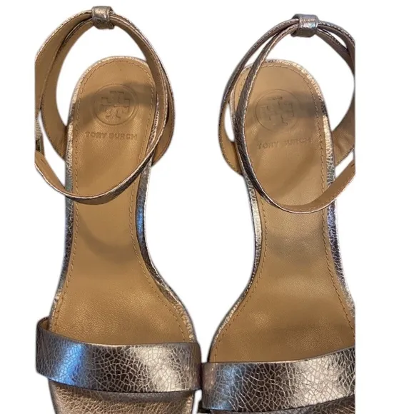 TORY BURCH Elena Silver Metallic Leather Ankle Strap Heels, size 10