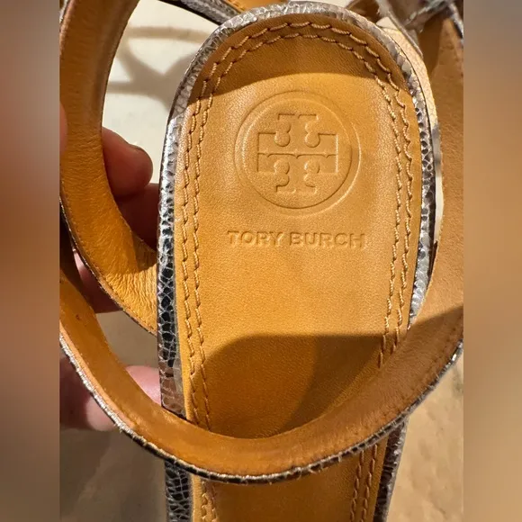 TORY BURCH Elena Silver Metallic Leather Ankle Strap Heels, size 10