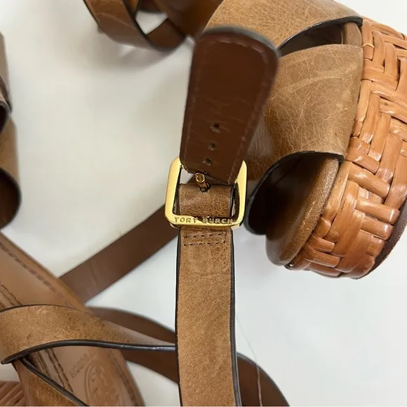 Tory Burch Heels 8.5 Cella Cognac Brown Leather Strappy Platforms Sandal