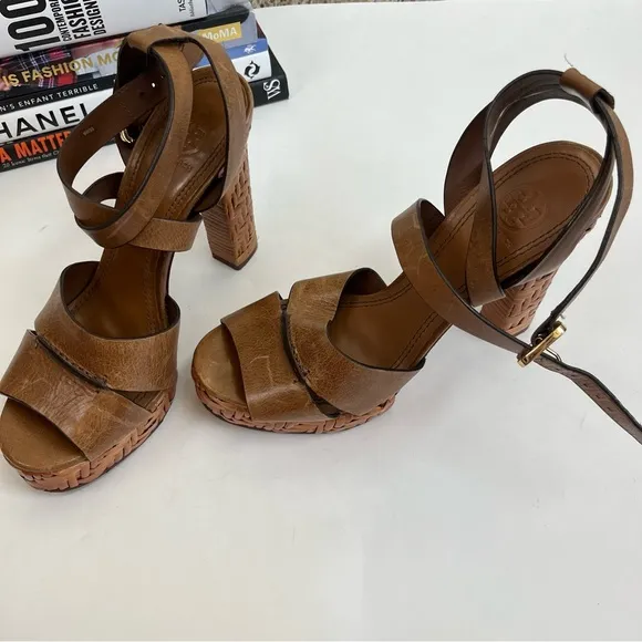 Tory Burch Heels 8.5 Cella Cognac Brown Leather Strappy Platforms Sandal
