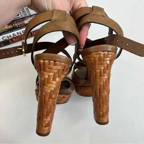 Tory Burch Heels 8.5 Cella Cognac Brown Leather Strappy Platforms Sandal