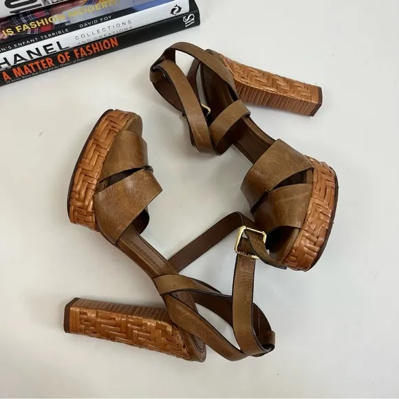 Tory Burch Heels 8.5 Cella Cognac Brown Leather Strappy Platforms Sandal