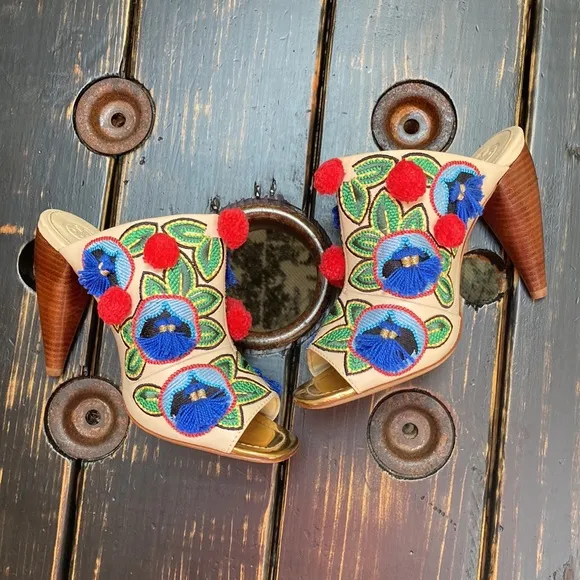 Tory Burch Multicolor Embroidered Leather Ellis Peep Toe Mules
