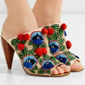 Tory Burch Multicolor Embroidered Leather Ellis Peep Toe Mules