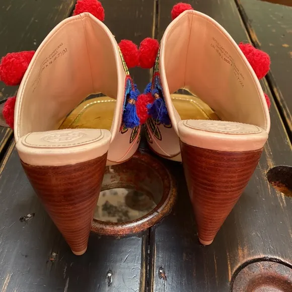 Tory Burch Multicolor Embroidered Leather Ellis Peep Toe Mules
