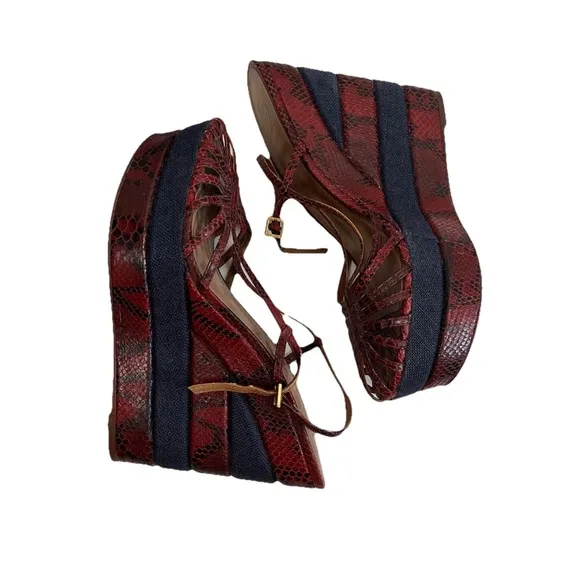 Tory Burch Wedge 8.5 Red Blue Snakeskin Print Sandal Heels Strappy Peep