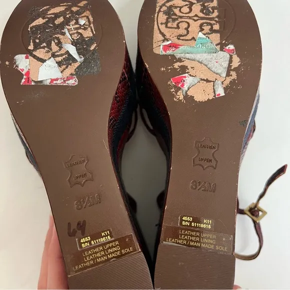 Tory Burch Wedge 8.5 Red Blue Snakeskin Print Sandal Heels Strappy Peep