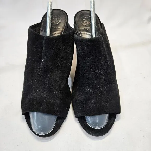 Tory Burch Womens Suede Leather Floral Embroidered Mules 8M Black Boho Slip On