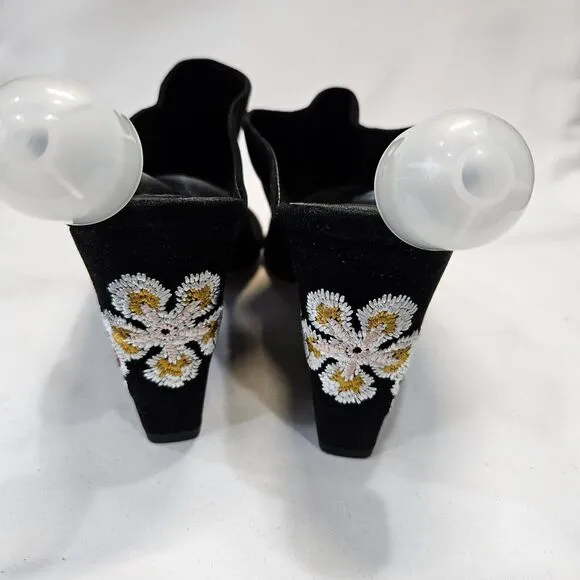 Tory Burch Womens Suede Leather Floral Embroidered Mules 8M Black Boho Slip On