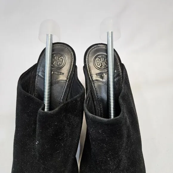 Tory Burch Womens Suede Leather Floral Embroidered Mules 8M Black Boho Slip On