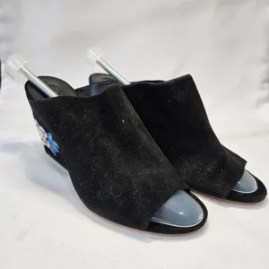 Tory Burch Womens Suede Leather Floral Embroidered Mules 8M Black Boho Slip On