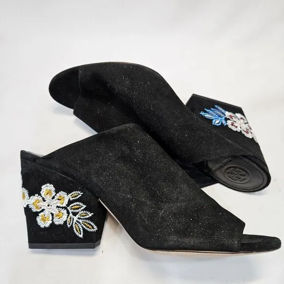 Tory Burch Womens Suede Leather Floral Embroidered Mules 8M Black Boho Slip On