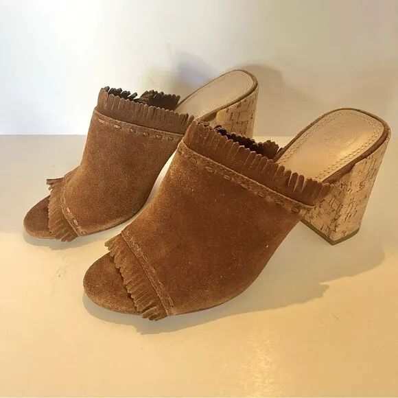 Tory Burch Huntington Camel Suede Fringe Slide Mules in Tan Size 8