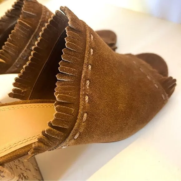 Tory Burch Huntington Camel Suede Fringe Slide Mules in Tan Size 8