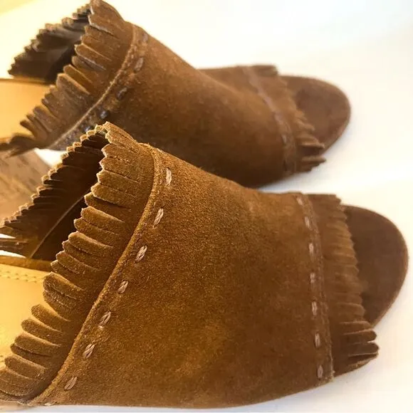 Tory Burch Huntington Camel Suede Fringe Slide Mules in Tan Size 8