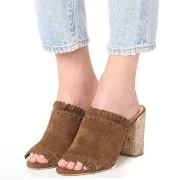 Tory Burch Huntington Camel Suede Fringe Slide Mules in Tan Size 8