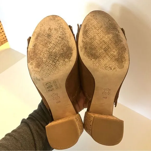 Tory Burch Huntington Camel Suede Fringe Slide Mules in Tan Size 8