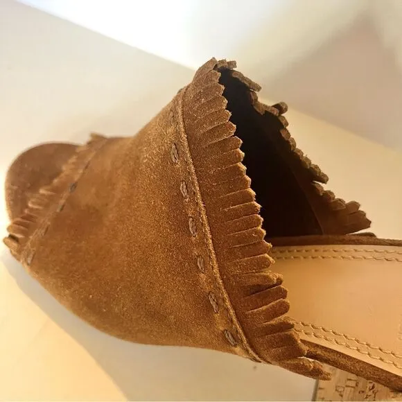 Tory Burch Huntington Camel Suede Fringe Slide Mules in Tan Size 8