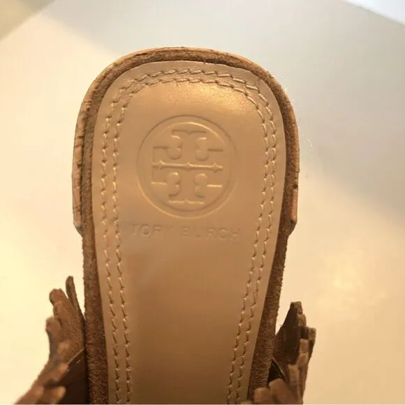 Tory Burch Huntington Camel Suede Fringe Slide Mules in Tan Size 8