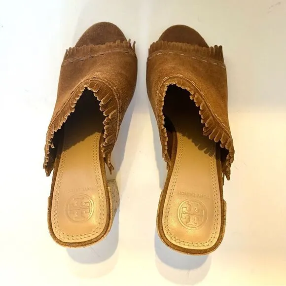Tory Burch Huntington Camel Suede Fringe Slide Mules in Tan Size 8