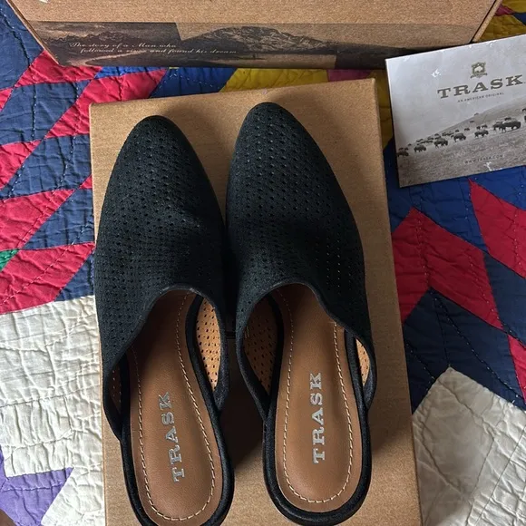 Trask black perforated black oiled suede mules/clogs like new
