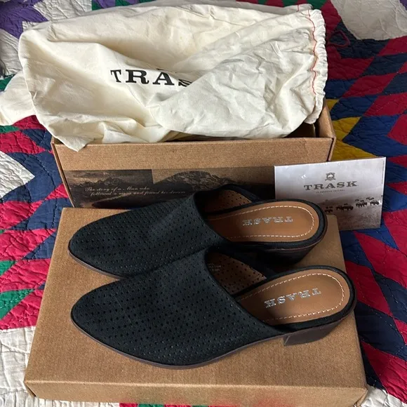 Trask black perforated black oiled suede mules/clogs like new