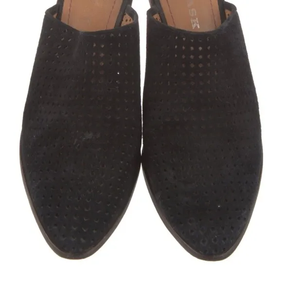 Trask black perforated black oiled suede mules/clogs like new