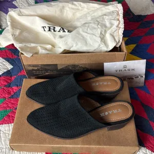 Trask black perforated black oiled suede mules/clogs like new