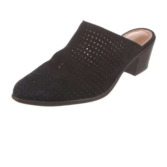 Trask black perforated black oiled suede mules/clogs like new