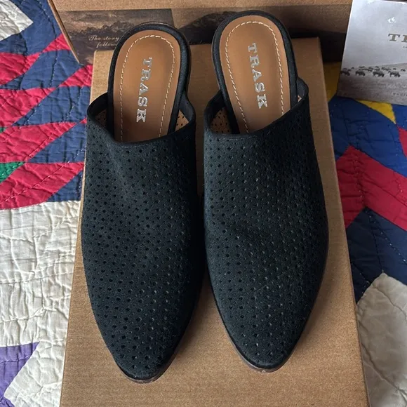 Trask black perforated black oiled suede mules/clogs like new