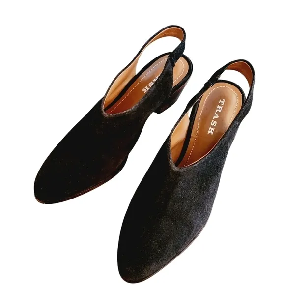 Trask Tess Slingback Pumps Black Suede Block Heels