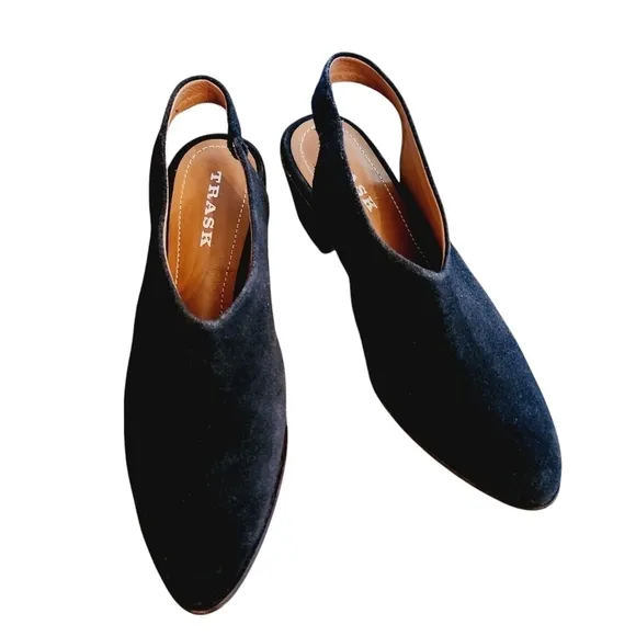 Trask Tess Slingback Pumps Black Suede Block Heels