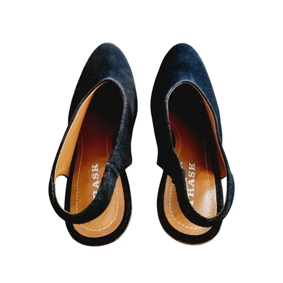 Trask Tess Slingback Pumps Black Suede Block Heels
