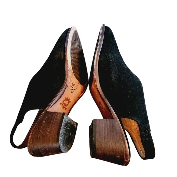 Trask Tess Slingback Pumps Black Suede Block Heels