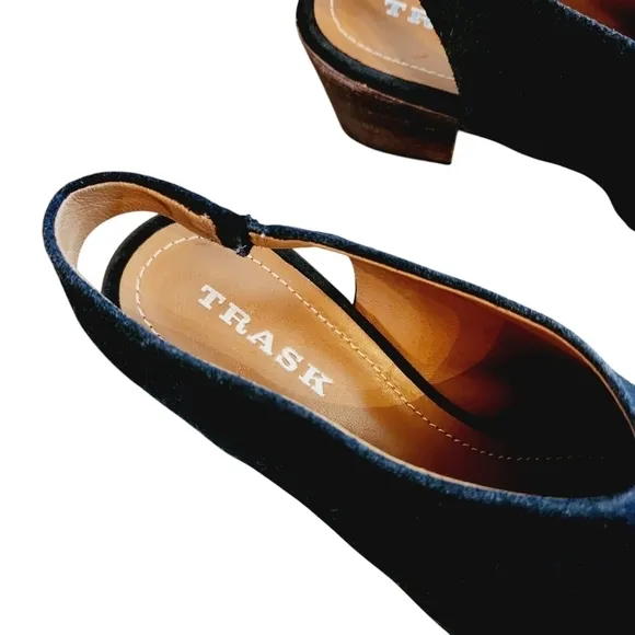Trask Tess Slingback Pumps Black Suede Block Heels