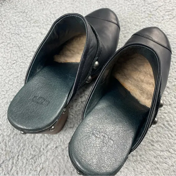 UGG Australia Jolene Heeled Clogs Black Leather Wood Shear Silver Studs Womens 7