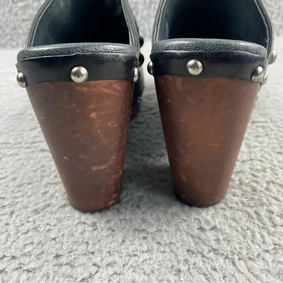 UGG Australia Jolene Heeled Clogs Black Leather Wood Shear Silver Studs Womens 7