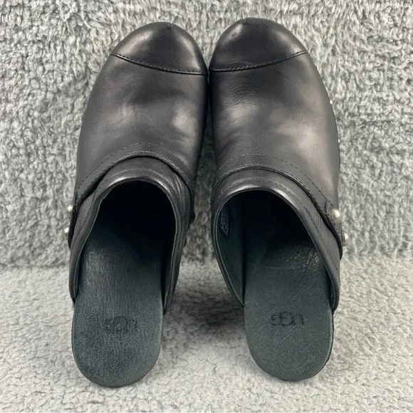 UGG Australia Jolene Heeled Clogs Black Leather Wood Shear Silver Studs Womens 7