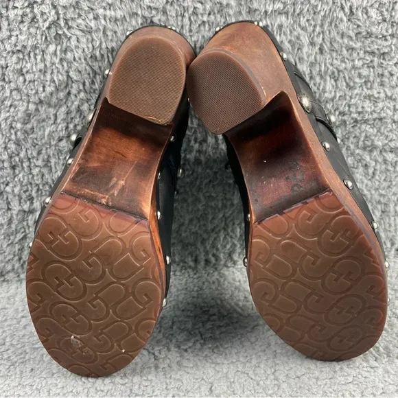 UGG Australia Jolene Heeled Clogs Black Leather Wood Shear Silver Studs Womens 7