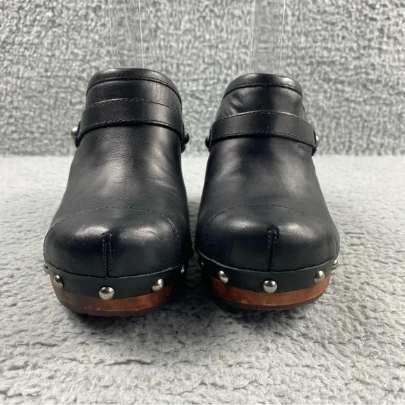 UGG Australia Jolene Heeled Clogs Black Leather Wood Shear Silver Studs Womens 7