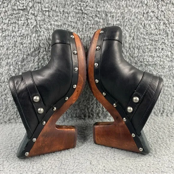 UGG Australia Jolene Heeled Clogs Black Leather Wood Shear Silver Studs Womens 7