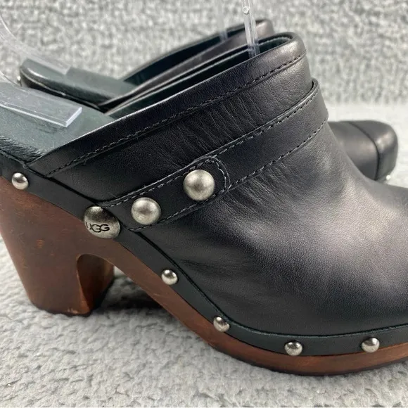 UGG Australia Jolene Heeled Clogs Black Leather Wood Shear Silver Studs Womens 7