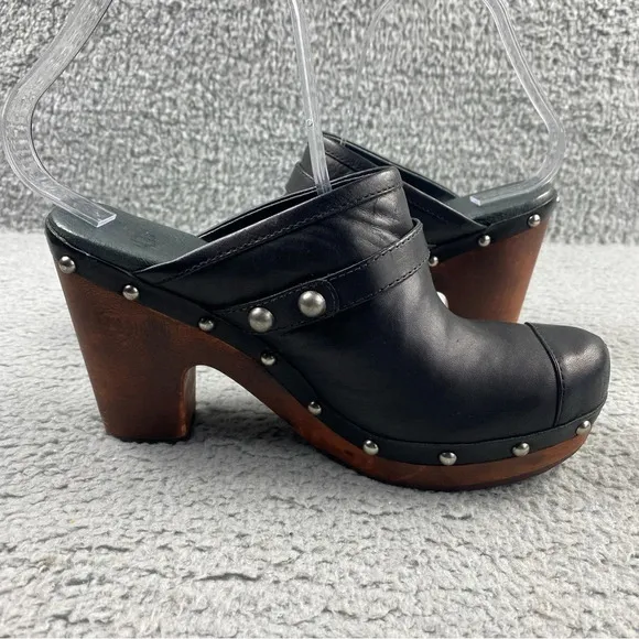 UGG Australia Jolene Heeled Clogs Black Leather Wood Shear Silver Studs Womens 7