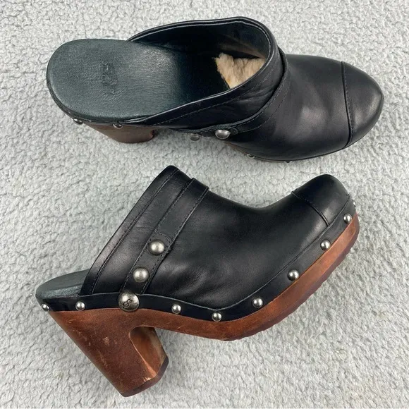 UGG Australia Jolene Heeled Clogs Black Leather Wood Shear Silver Studs Womens 7