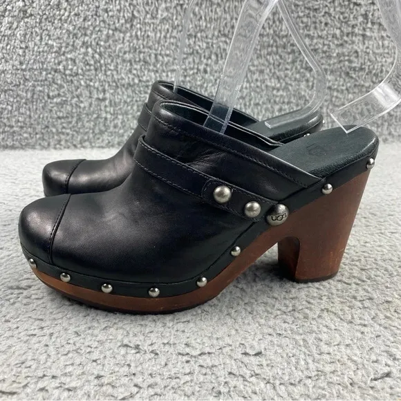 UGG Australia Jolene Heeled Clogs Black Leather Wood Shear Silver Studs Womens 7