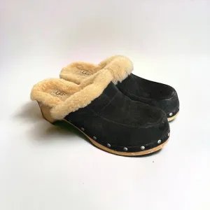 UGG Australia Women's Kalie Brown Suede Shearling Wooden Clogs Mules Shoes Sz 6
