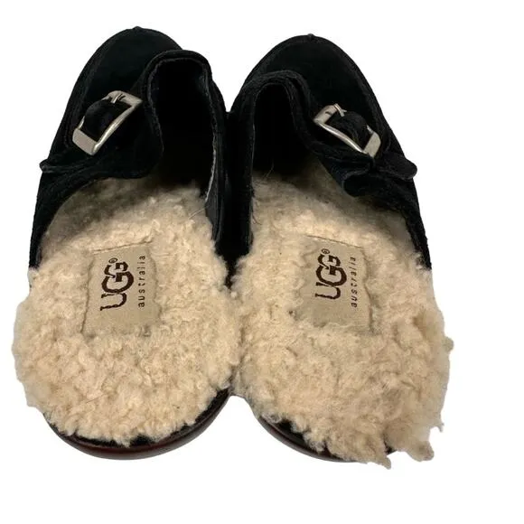 UGG Black Suede Shearling Slip On Heeled Mules