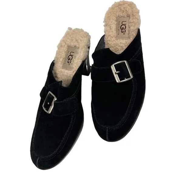 UGG Black Suede Shearling Slip On Heeled Mules