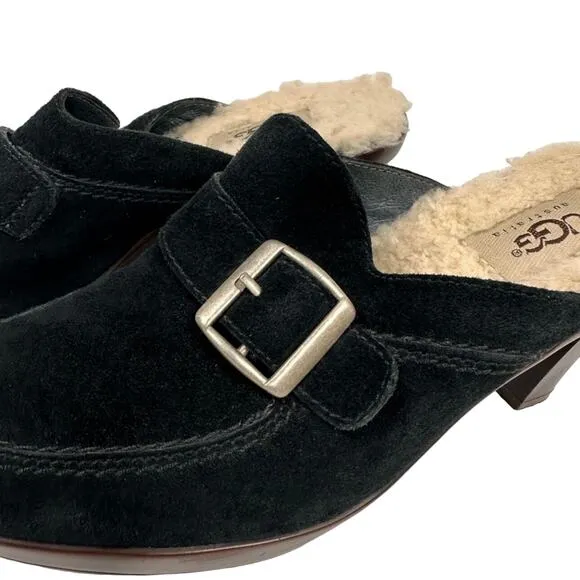 UGG Black Suede Shearling Slip On Heeled Mules